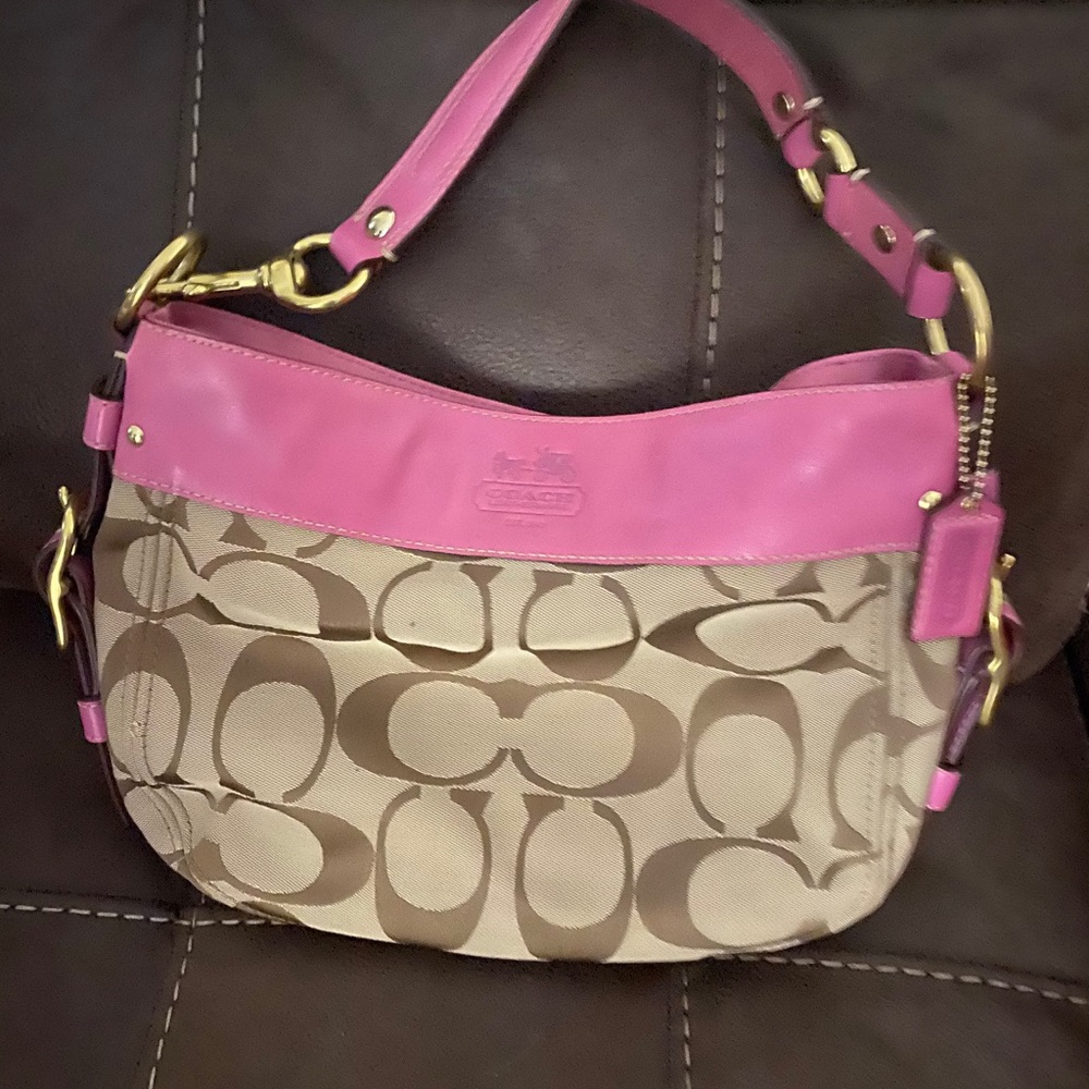 Coach Zoe Leather Hobo Bag in Brown/baby Pink.
